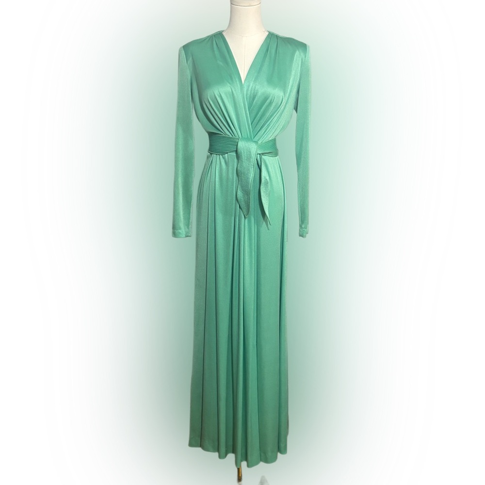 Vintage 70s Miss Elliette Seafoam Maxi Dress S 8 Glam Disco